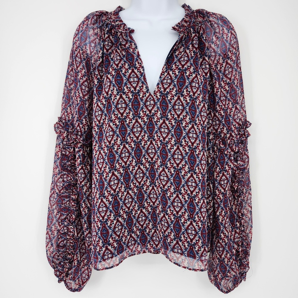 Evereve Womens Navy Boho Indie Peasant Chiffon Top Size M Ruffle Balloon Sleeve‎